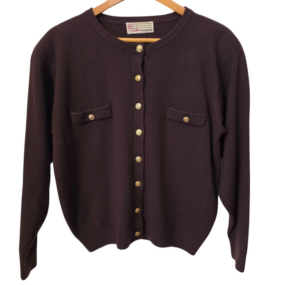 Milano Cardigan Sweater Womens Medium Plum Gold Button Shoulder Pads Vintage